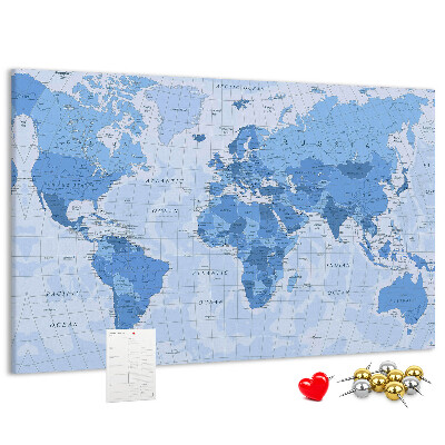 Tableau en liège Carte du monde en nuances de bleu.