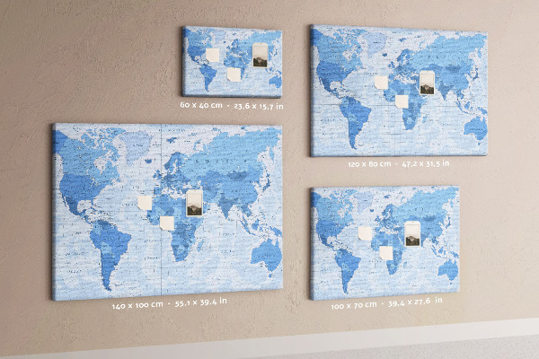 Tableau en liège Carte du monde en nuances de bleu.