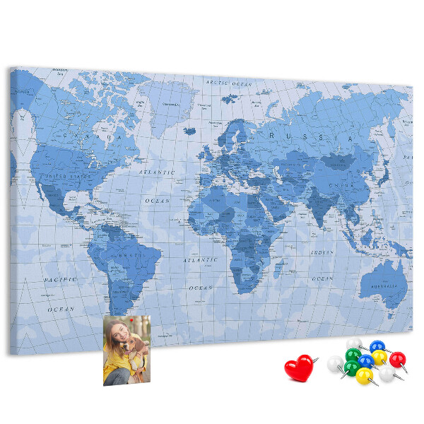 Tableau en liège Carte du monde en nuances de bleu.