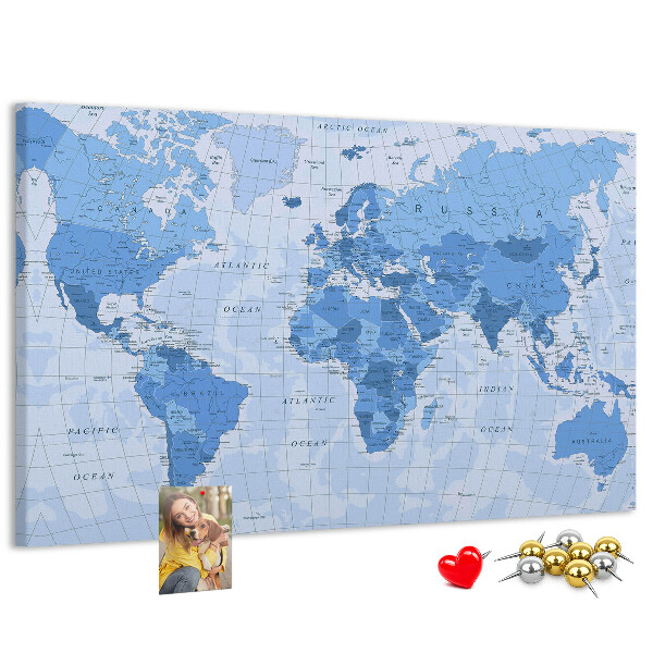 Tableau en liège Carte du monde en nuances de bleu.