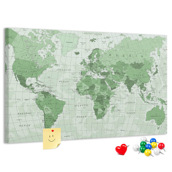 Tableau affichage liège Carte du monde verte avec les continents