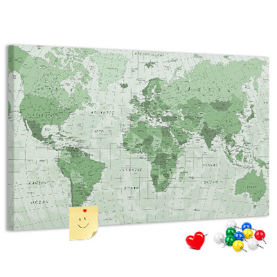 Tableau affichage liège Carte du monde verte avec les continents