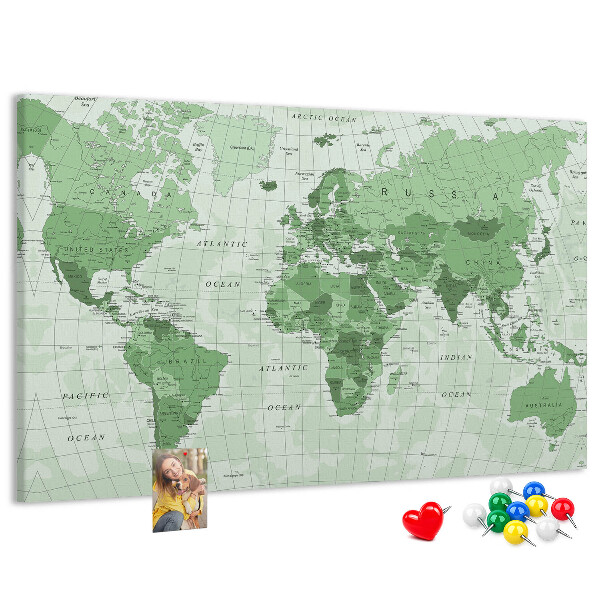 Tableau affichage liège Carte du monde verte avec les continents
