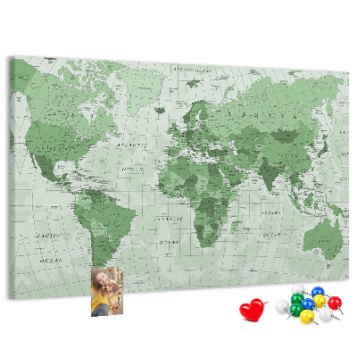Tableau affichage liège Carte du monde verte avec les continents