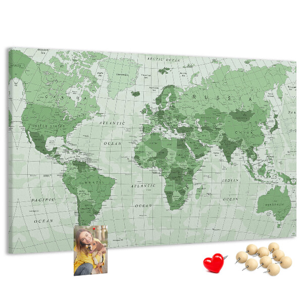 Tableau affichage liège Carte du monde verte avec les continents