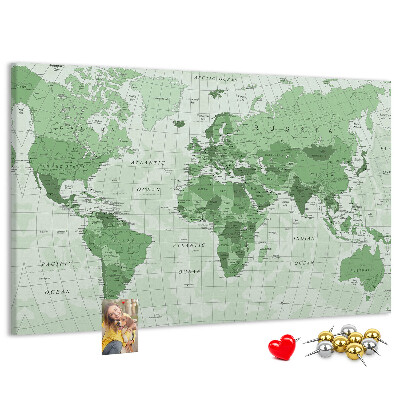Tableau affichage liège Carte du monde verte avec les continents