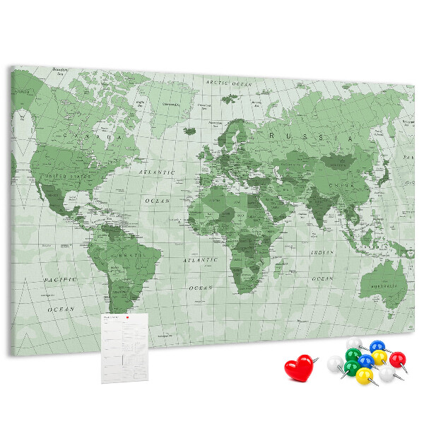 Tableau affichage liège Carte du monde verte avec les continents