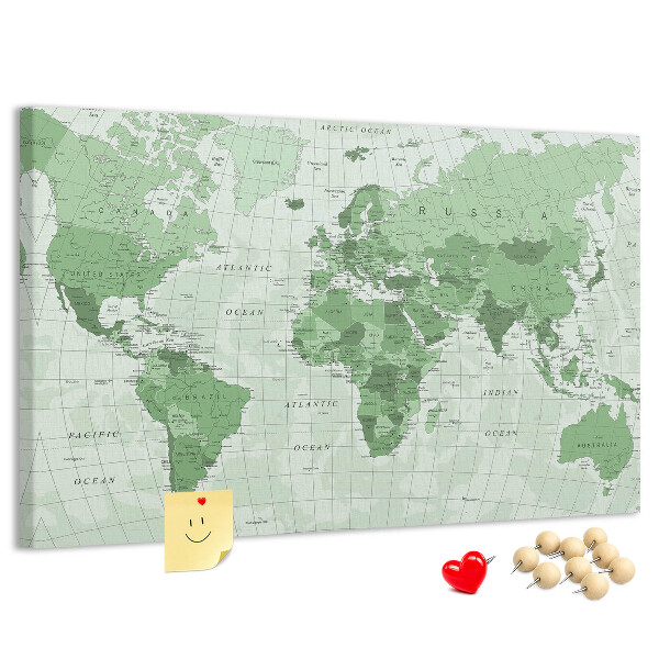 Tableau affichage liège Carte du monde verte avec les continents