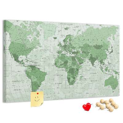 Tableau affichage liège Carte du monde verte avec les continents