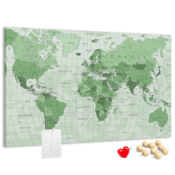 Tableau affichage liège Carte du monde verte avec les continents