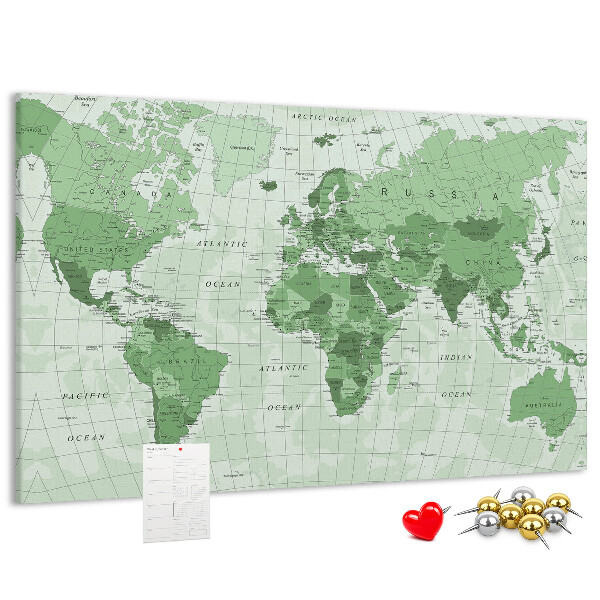 Tableau affichage liège Carte du monde verte avec les continents