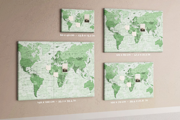 Tableau affichage liège Carte du monde verte avec les continents