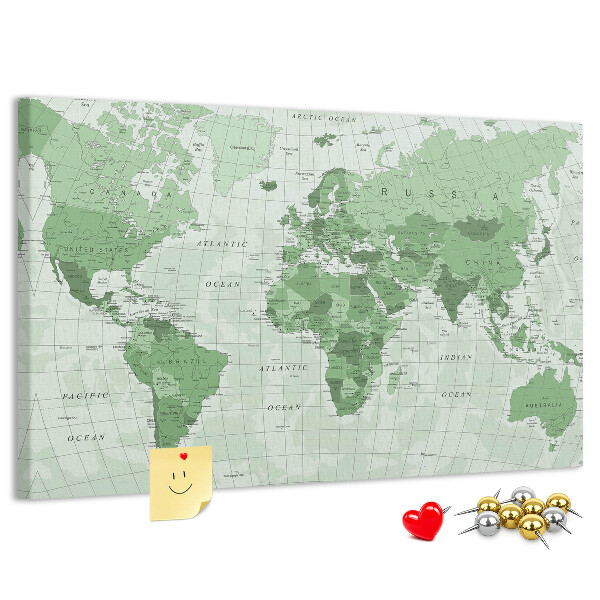 Tableau affichage liège Carte du monde verte avec les continents