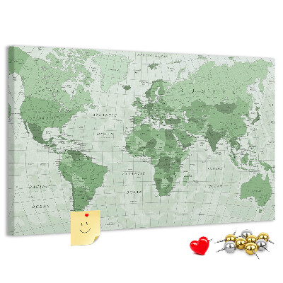 Tableau affichage liège Carte du monde verte avec les continents