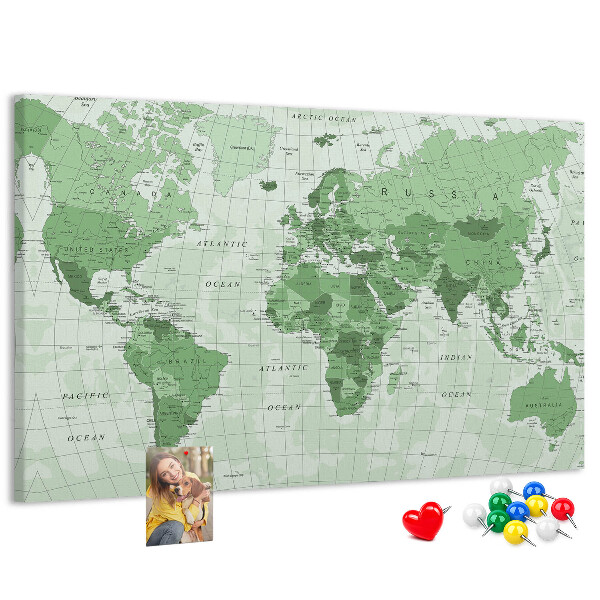 Tableau affichage liège Carte du monde verte avec les continents
