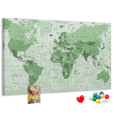 Tableau affichage liège Carte du monde verte avec les continents