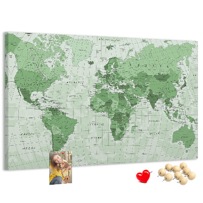 Tableau affichage liège Carte du monde verte avec les continents