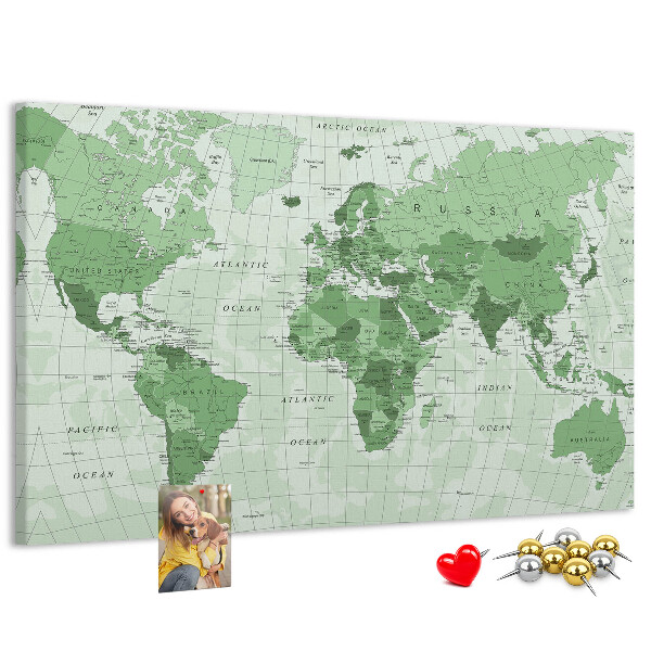 Tableau affichage liège Carte du monde verte avec les continents
