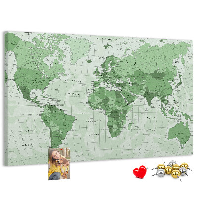 Tableau affichage liège Carte du monde verte avec les continents