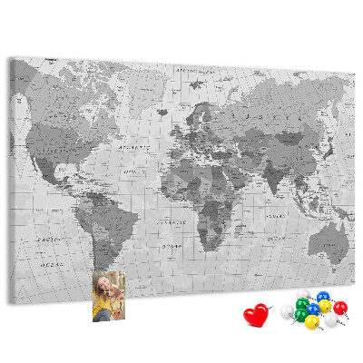 Tableau de liège Carte du monde détaillée en nuances de gris