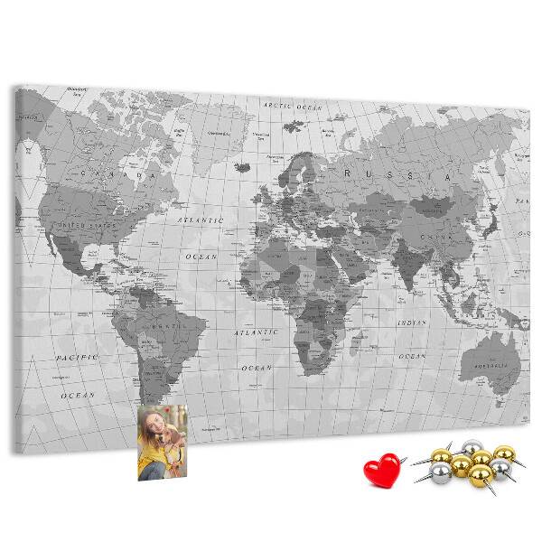 Tableau de liège Carte du monde détaillée en nuances de gris