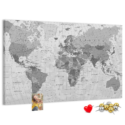 Tableau de liège Carte du monde détaillée en nuances de gris