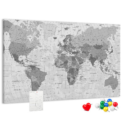 Tableau de liège Carte du monde détaillée en nuances de gris