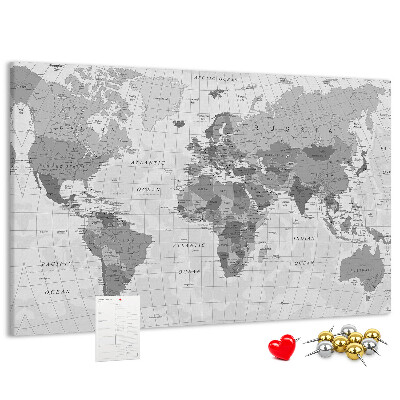 Tableau de liège Carte du monde détaillée en nuances de gris