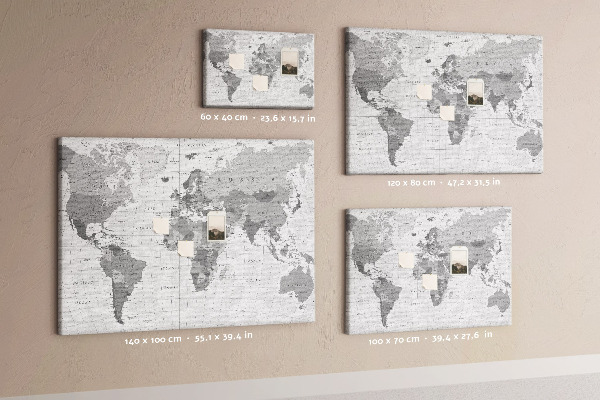 Tableau de liège Carte du monde détaillée en nuances de gris