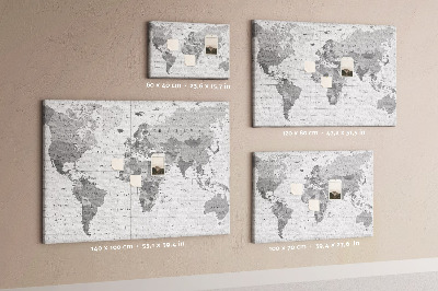 Tableau de liège Carte du monde détaillée en nuances de gris