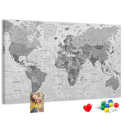 Tableau de liège Carte du monde détaillée en nuances de gris