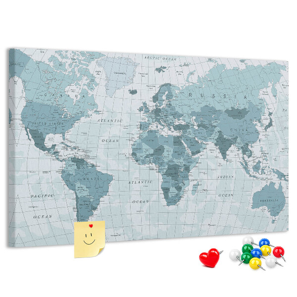 Tableau en liège Carte du monde en nuances de bleu.