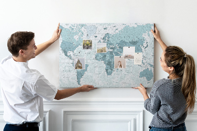 Tableau en liège Carte du monde en nuances de bleu.