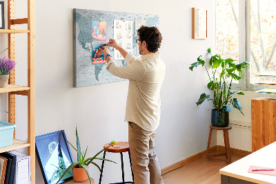 Tableau en liège Carte du monde en nuances de bleu.