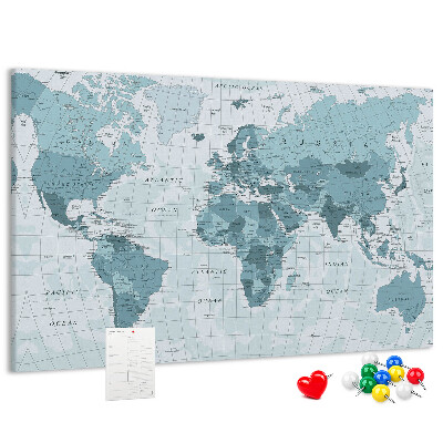 Tableau en liège Carte du monde en nuances de bleu.