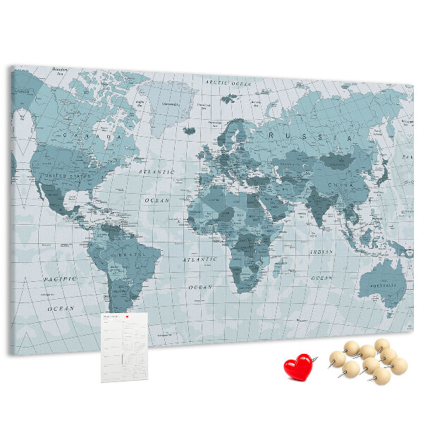 Tableau en liège Carte du monde en nuances de bleu.