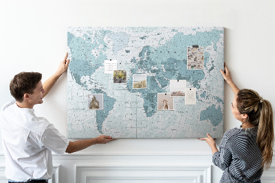 Tableau en liège Carte du monde en nuances de bleu.