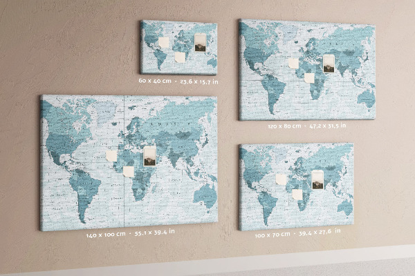 Tableau en liège Carte du monde en nuances de bleu.