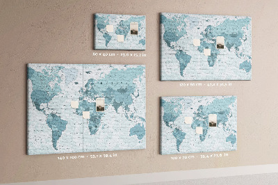 Tableau en liège Carte du monde en nuances de bleu.