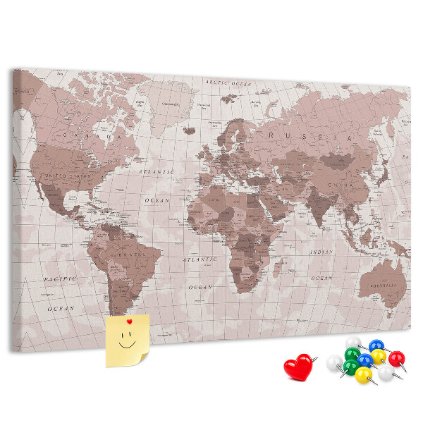 Tableau affichage liège Une carte du monde dans des tons de rose.