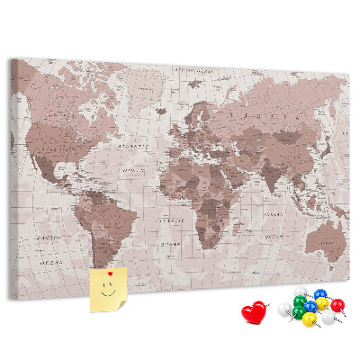Tableau affichage liège Une carte du monde dans des tons de rose.