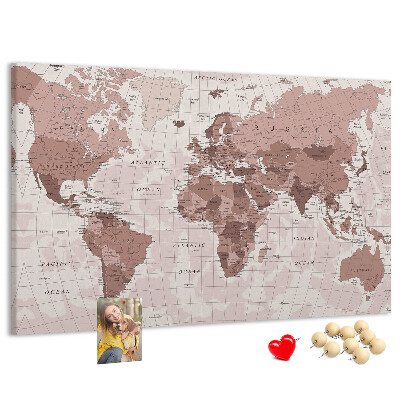 Tableau affichage liège Une carte du monde dans des tons de rose.