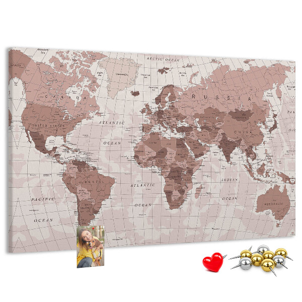 Tableau affichage liège Une carte du monde dans des tons de rose.