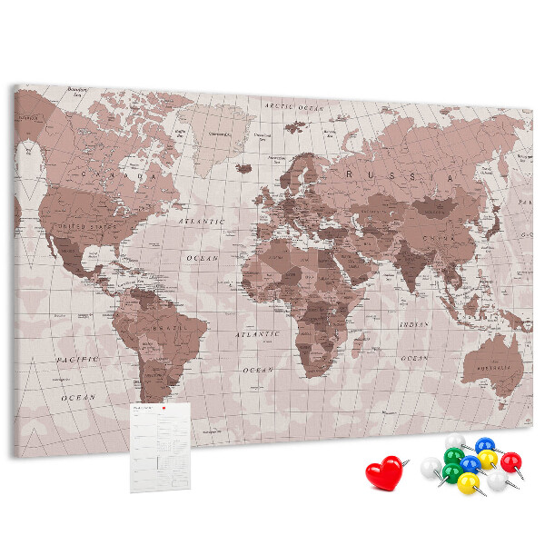 Tableau affichage liège Une carte du monde dans des tons de rose.