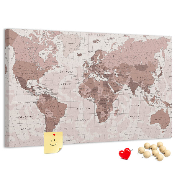 Tableau affichage liège Une carte du monde dans des tons de rose.