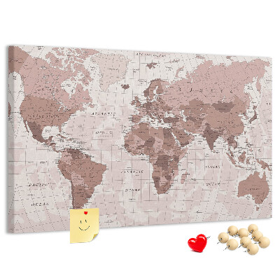 Tableau affichage liège Une carte du monde dans des tons de rose.