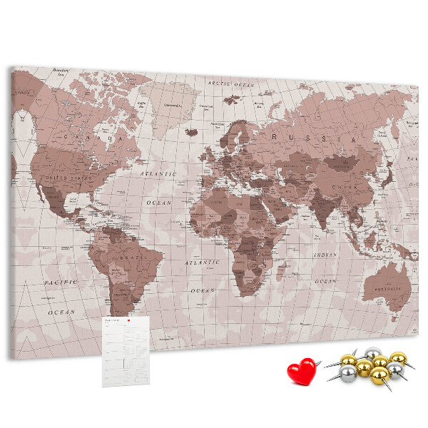 Tableau affichage liège Une carte du monde dans des tons de rose.