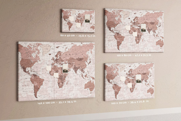 Tableau affichage liège Une carte du monde dans des tons de rose.