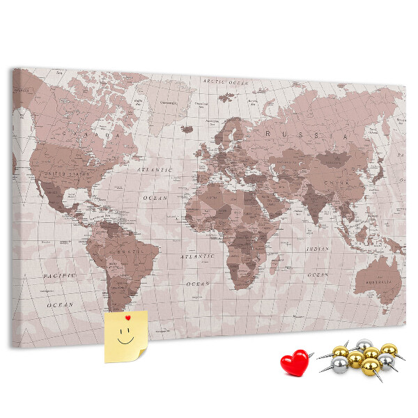 Tableau affichage liège Une carte du monde dans des tons de rose.