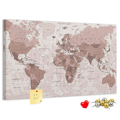 Tableau affichage liège Une carte du monde dans des tons de rose.